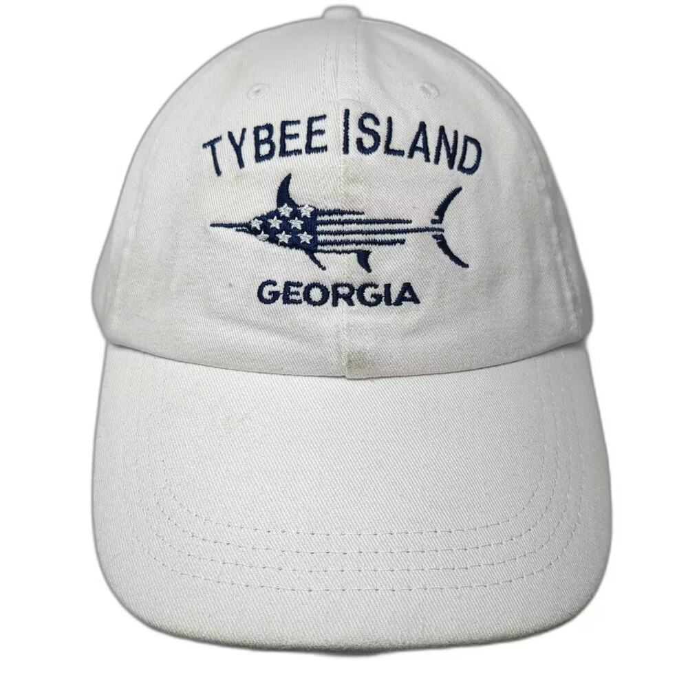 DK Caps Baseball Cap White Blue Tybee Island Georgia Marlin Fish Hat OS Cotton